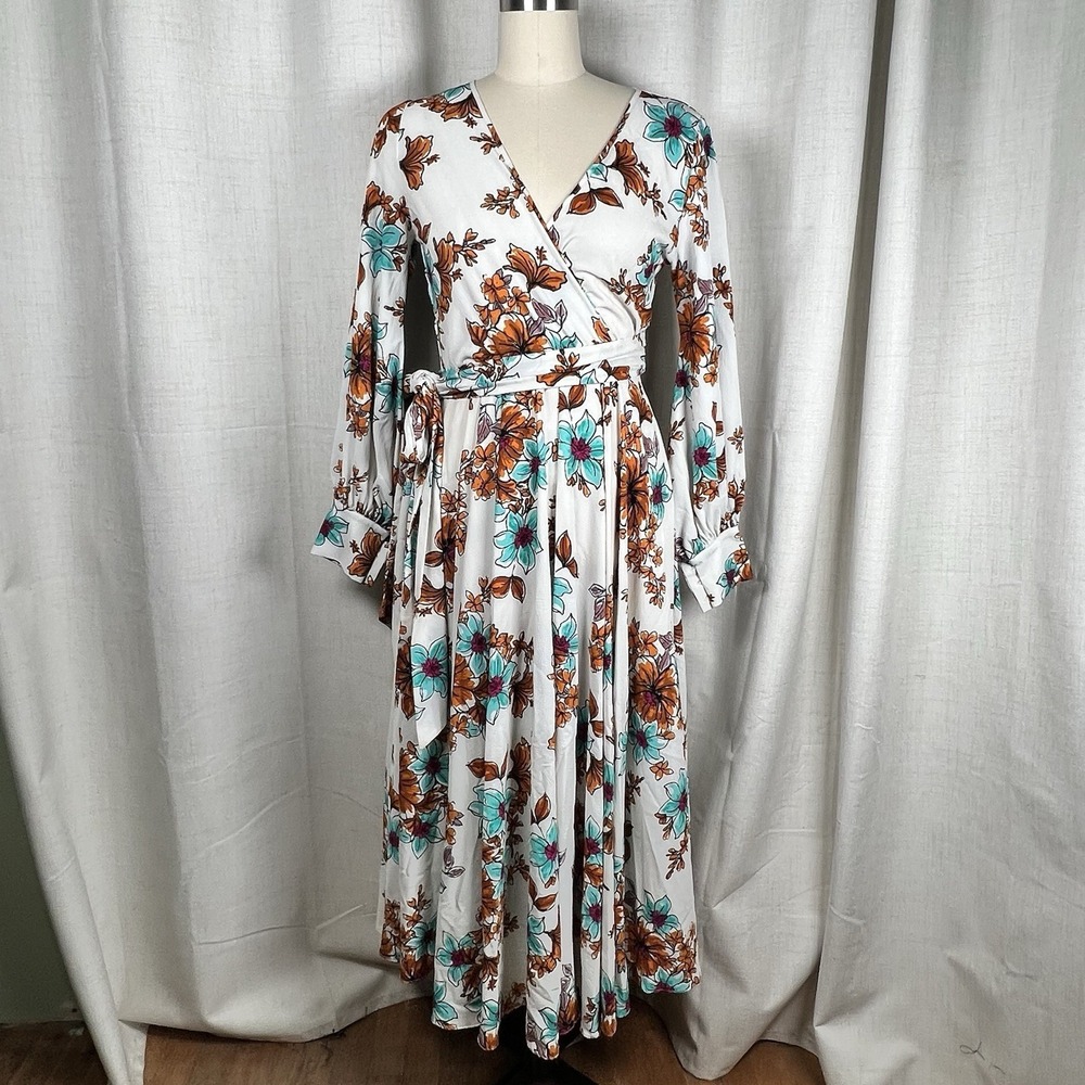 Meghan LA‎ Lilypad Floral Begonia Ivory Print Surplice Maxi Wrap Dress Small